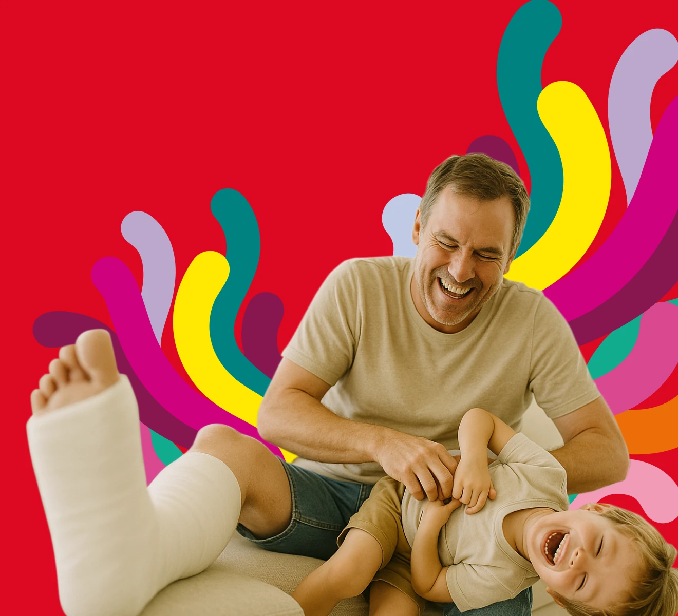A father and child playing against a colourful Medibank background